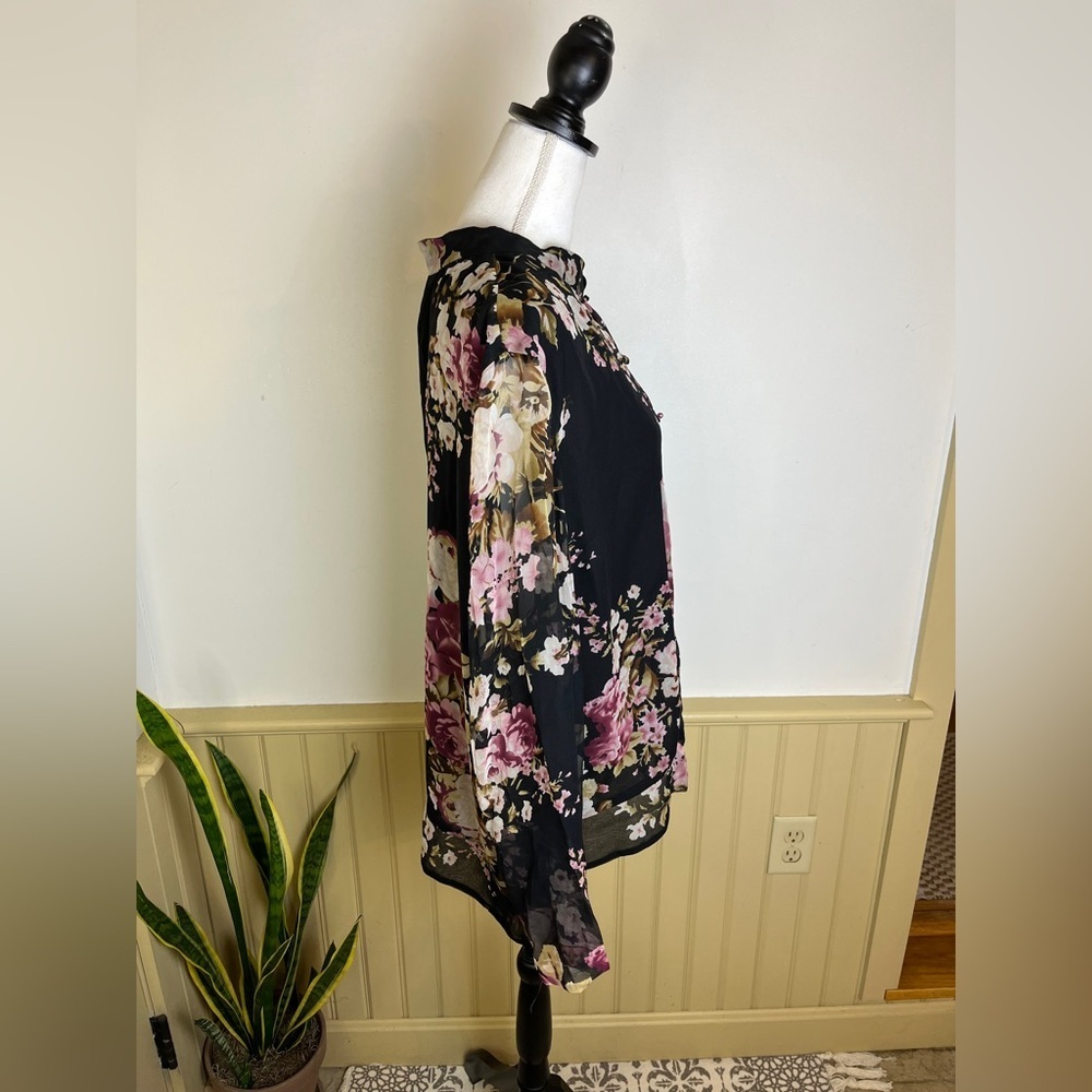Vintage Silk Floral Blouse 3X Sheer Sleeve Frog Closure Goth Boho - Picture 3 of 12